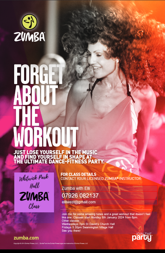 Monday Zumba Class Park Hall 6pm from Monday 8th January 2024 Poster