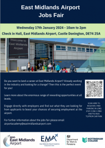 EMA Jobs Fair 17th January 2024 Image - for further information about the jobs fair please email airportacademy@eastmidlandsairport.com